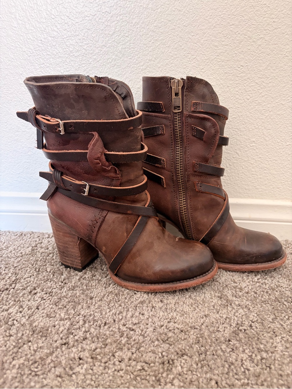 Women's Freebird Brown Leather Strappy Block Heel Boots
